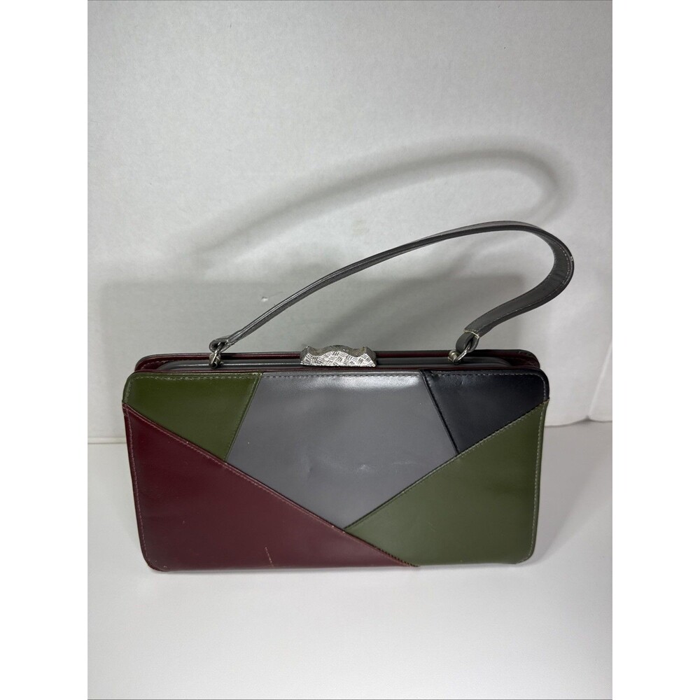 Vtg Color Block Patchwork Handbag Purse Bag Gray Burgundy Green MCM Bag Boho Mod